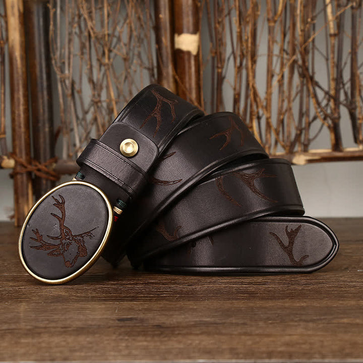 Men's Laser Engraving Deer Pattern Leather Belt - Black - 46 - image 0