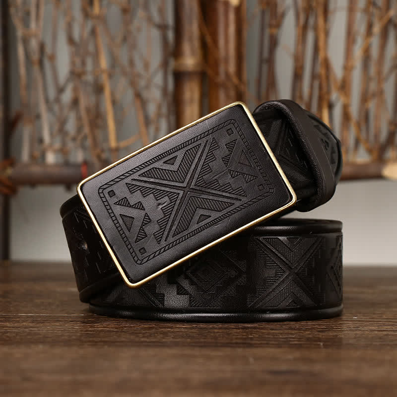 Men's Square Buckle Engraving Totem Pattern Leather Belt