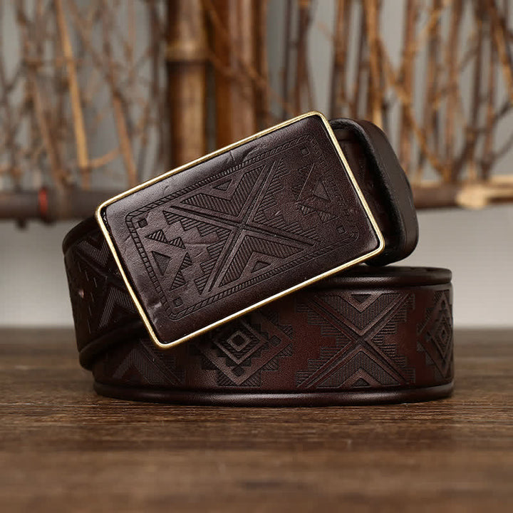 Men's Square Buckle Engraving Totem Pattern Leather Belt