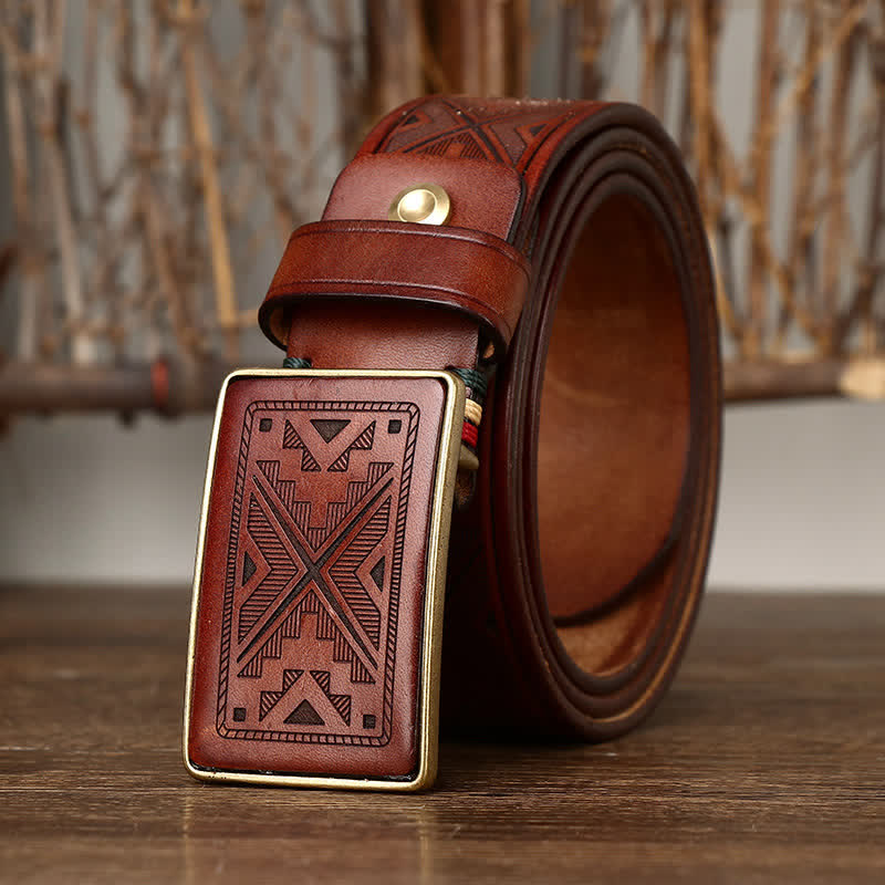 Men's Square Buckle Engraving Totem Pattern Leather Belt