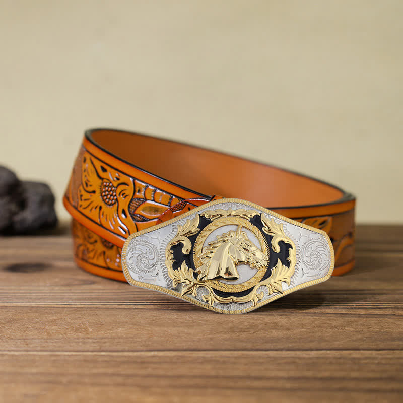 Men's DIY Western Golden Animal Buckle Leather Belt