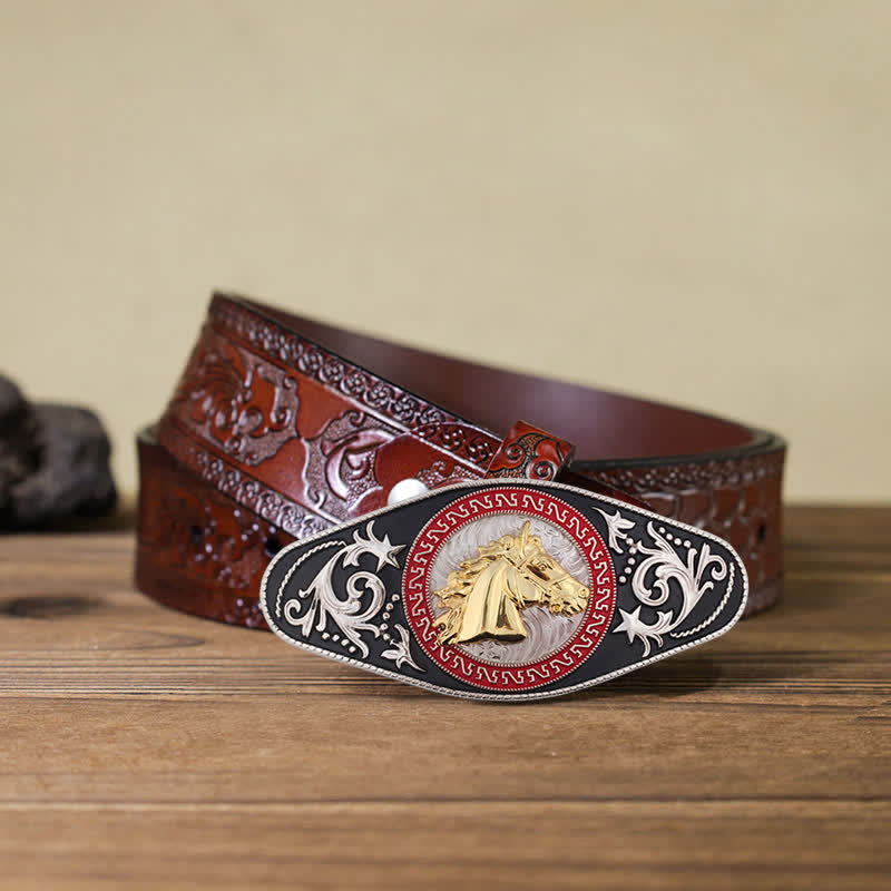 Men's DIY Western Black Gold Animal Buckle Leather Belt