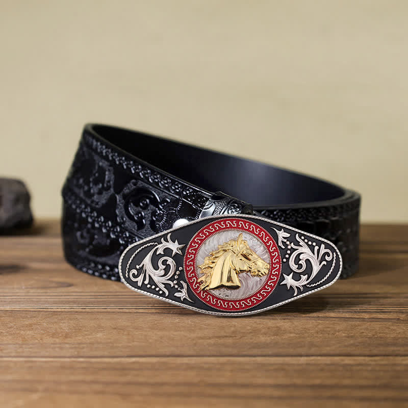 Men's DIY Western Black Gold Animal Buckle Leather Belt