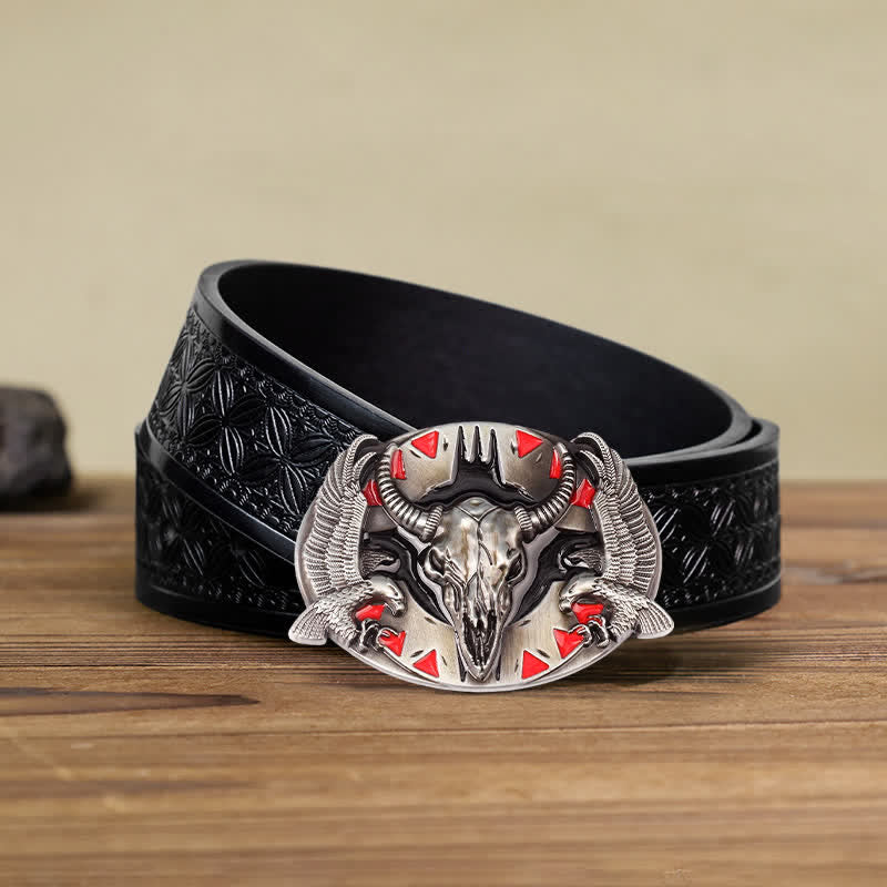 Men's DIY Vintage Bull & Dual Eagles Buckle Leather Belt