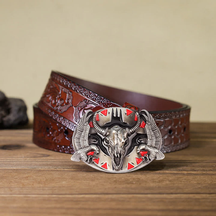 Men's DIY Vintage Bull & Dual Eagles Buckle Leather Belt