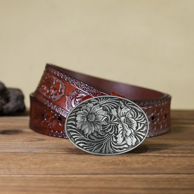 Men's DIY Oval Western Floral Buckle Leather Belt