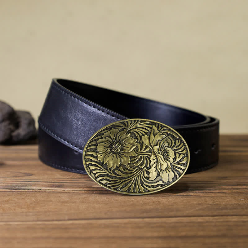 Men's DIY Oval Western Floral Buckle Leather Belt