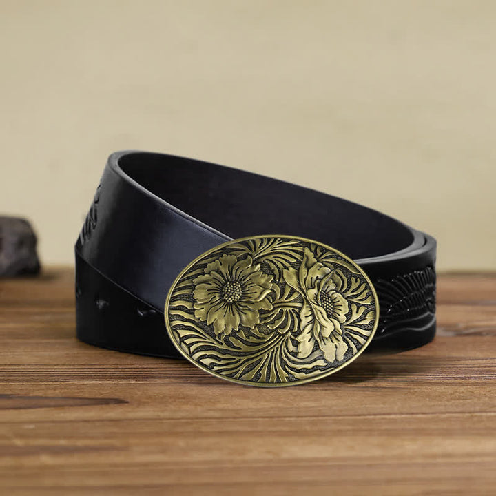 Men's DIY Oval Western Floral Buckle Leather Belt