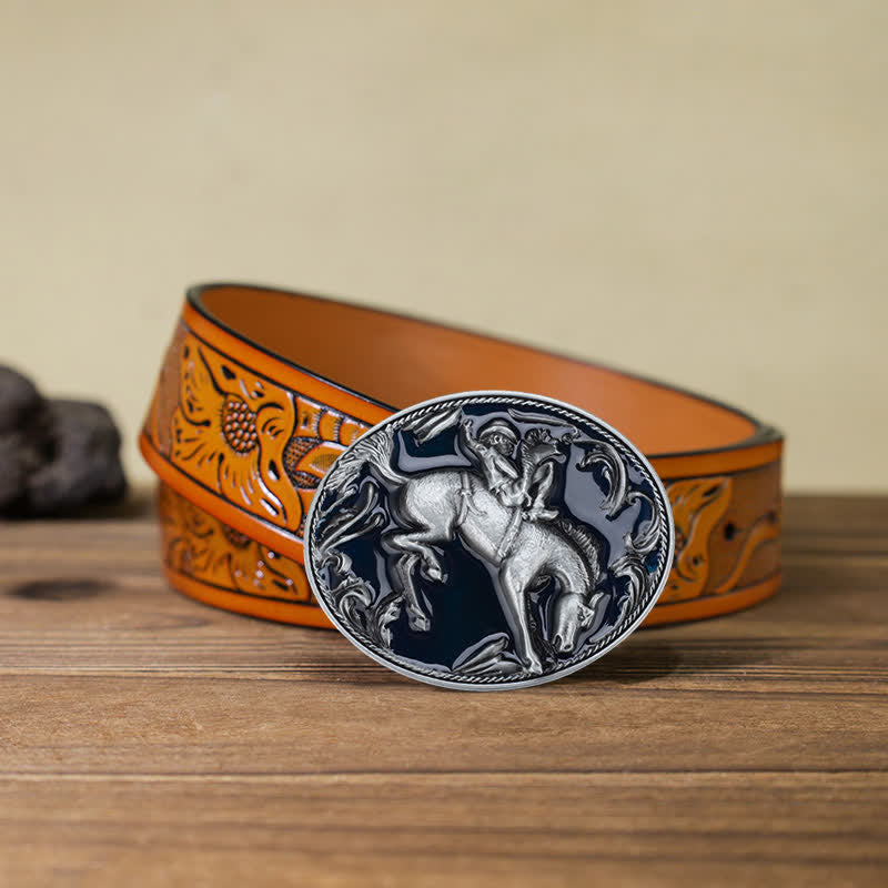 Men's DIY Blue Enamel Horse Riding Buckle Leather Belt