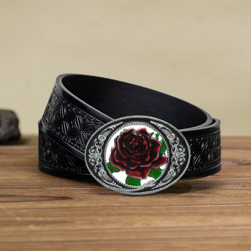 Men's DIY Western Colorful Rose Buckle Leather Belt