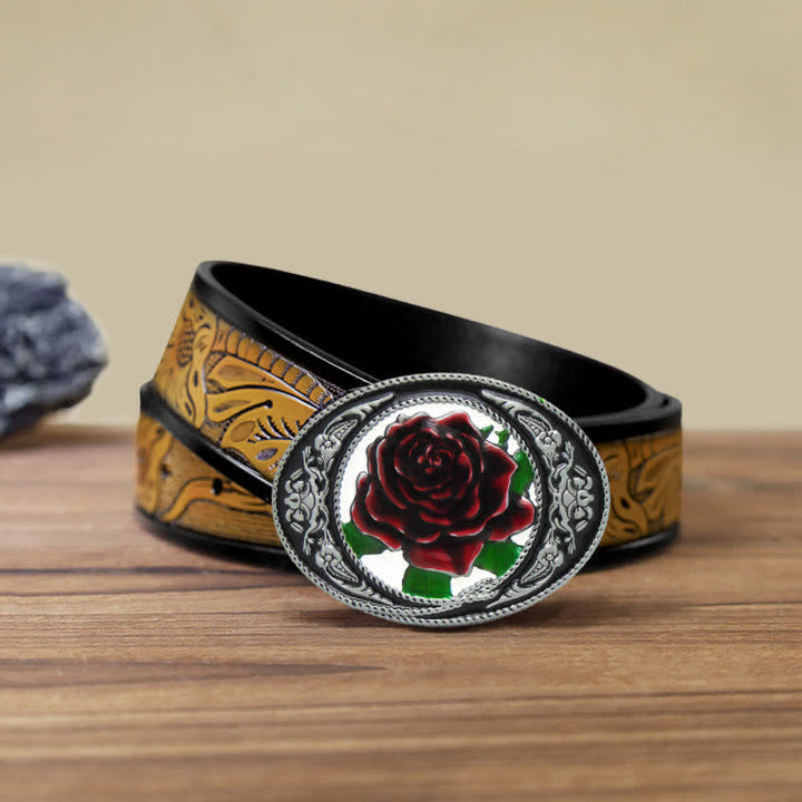 Men's DIY Western Colorful Rose Buckle Leather Belt