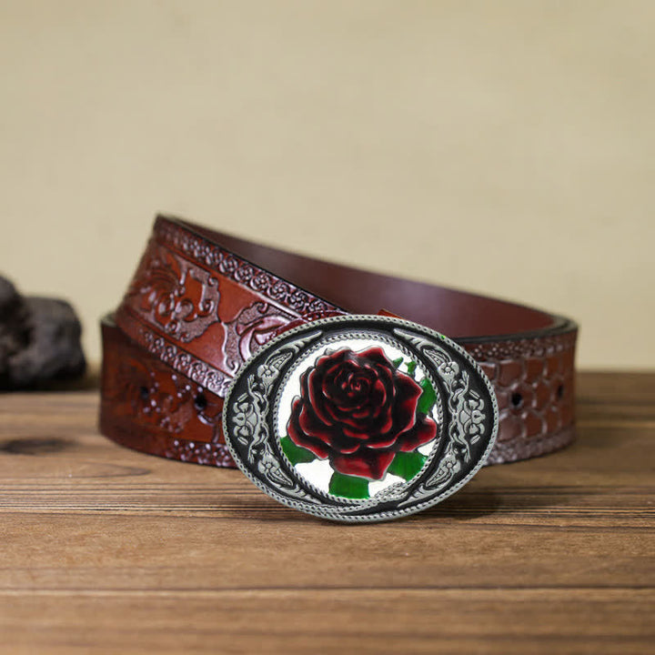 Men's DIY Western Colorful Rose Buckle Leather Belt