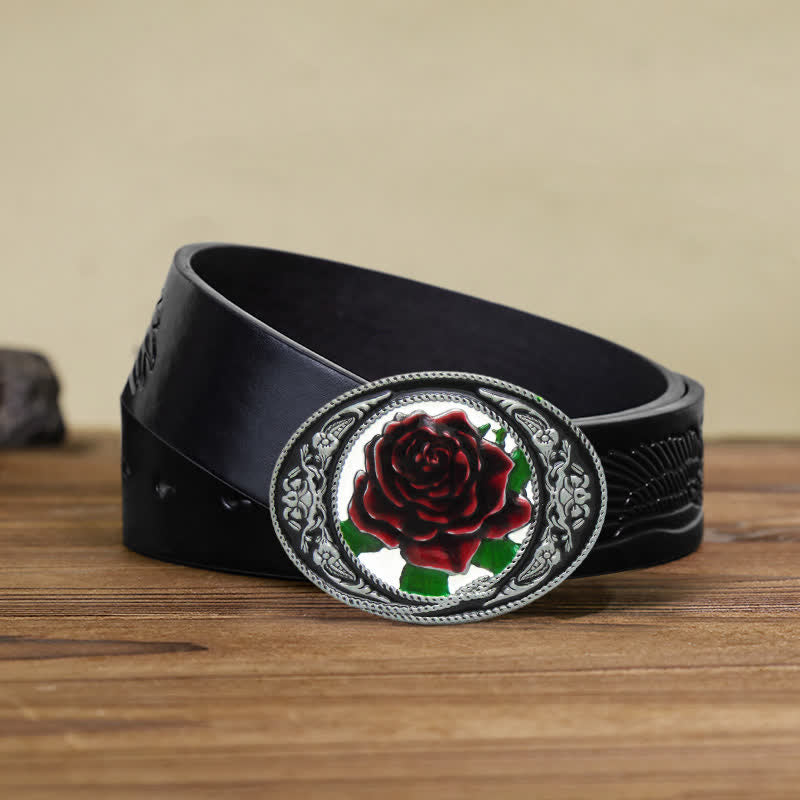 Men's DIY Western Colorful Rose Buckle Leather Belt