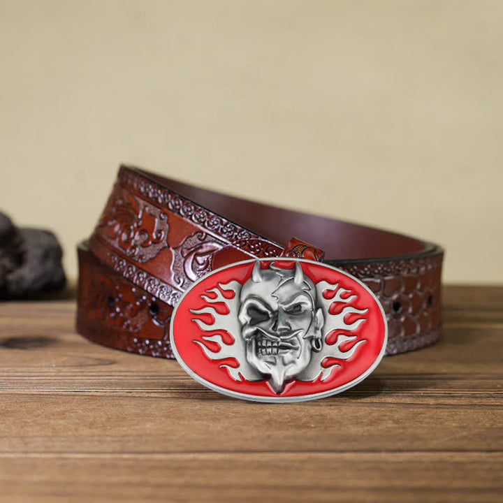 Men's DIY Red Flame Devil Skull Buckle Leather Belt