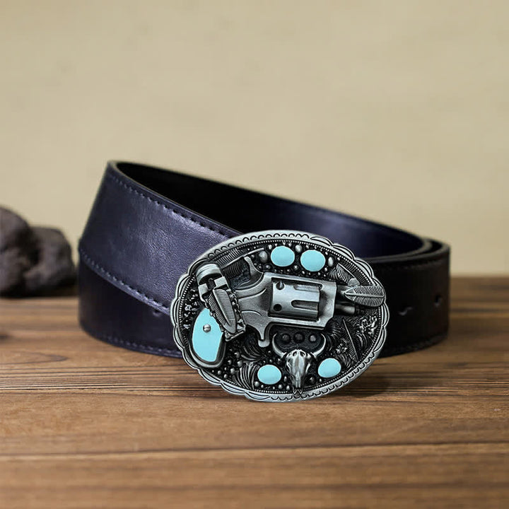 Men's DIY Pistol Bull Head Buckle Leather Belt