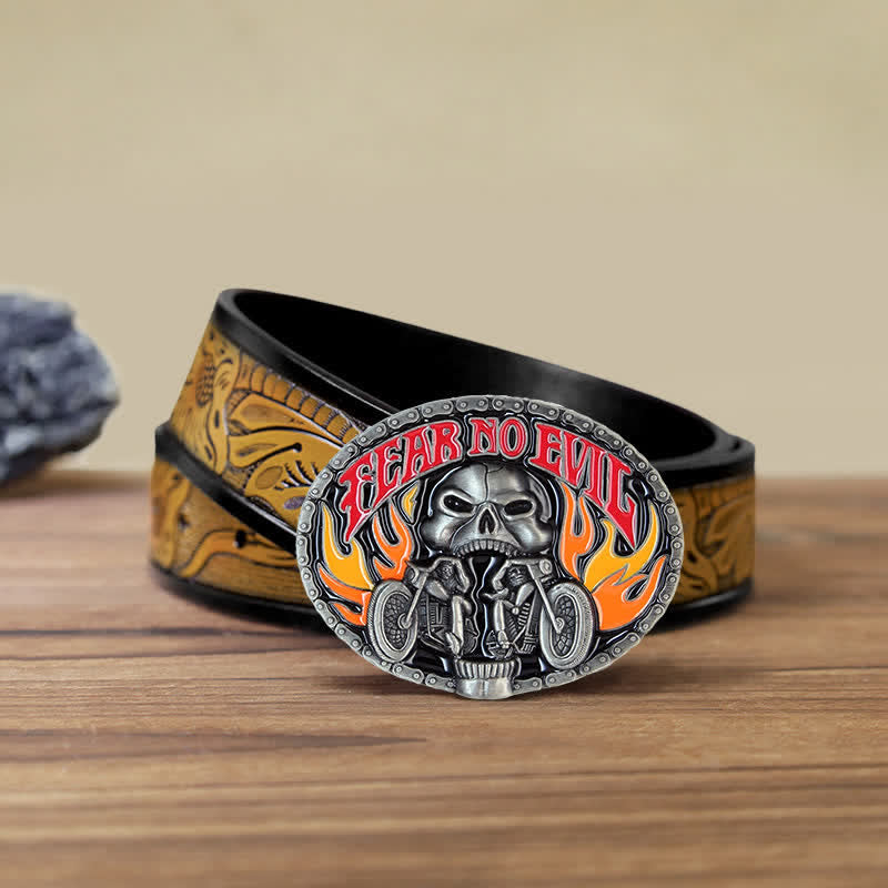 Men's DIY Fear No Evil Skull Motorcycle Buckle Leather Belt