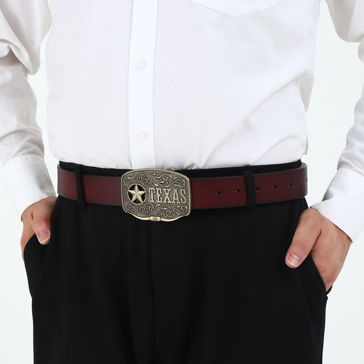 Men's DIY Texas Hollow Pentagrame Buckle Leather Belt