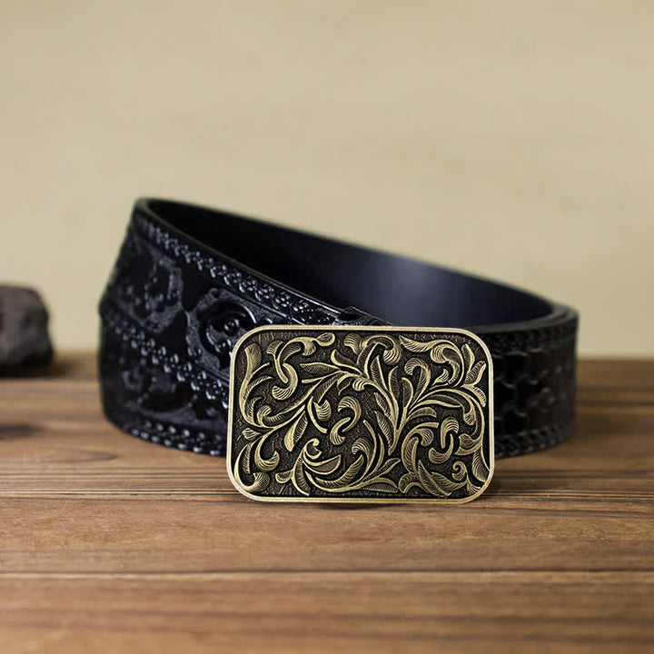 Men's DIY Art Leaves Scrollwork Buckle Leather Belt