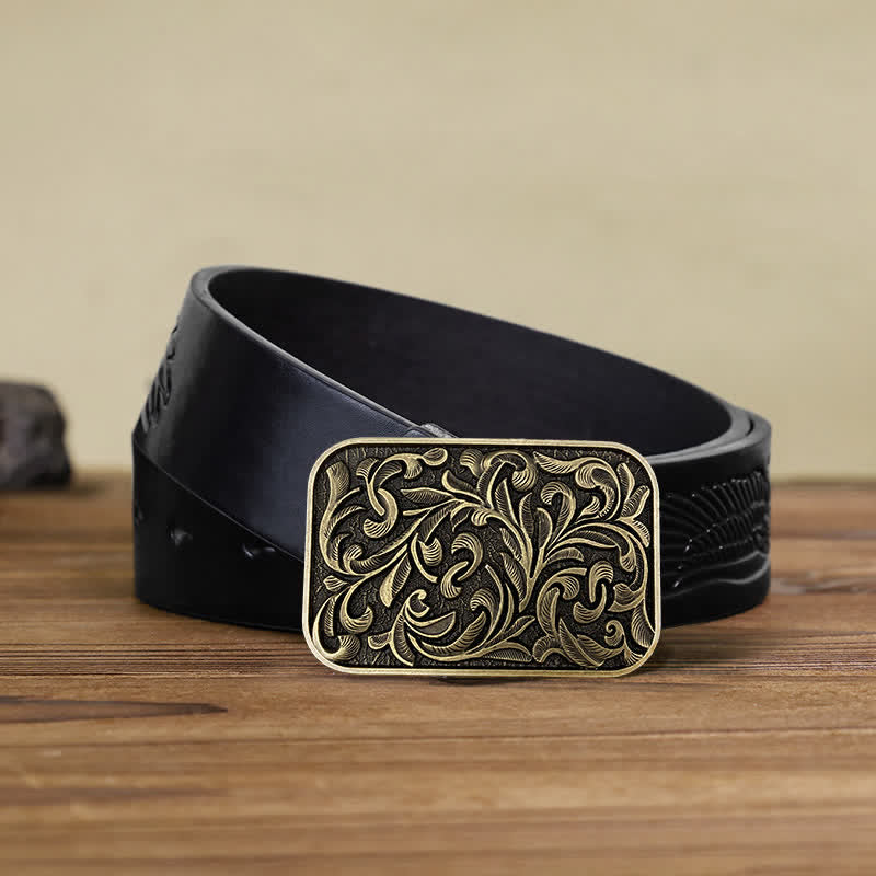 Men's DIY Art Leaves Scrollwork Buckle Leather Belt