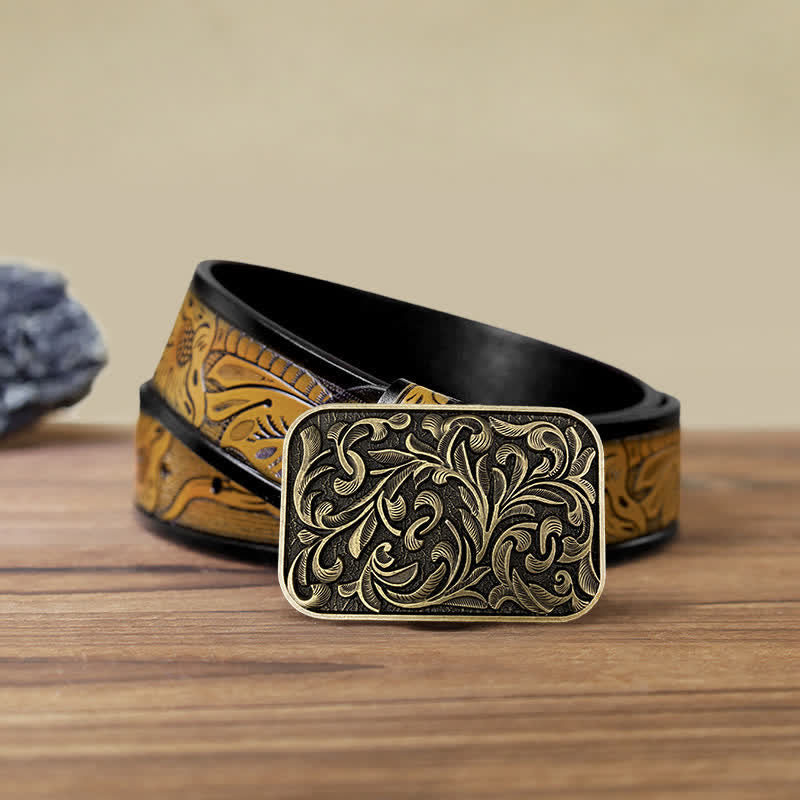 Men's DIY Art Leaves Scrollwork Buckle Leather Belt