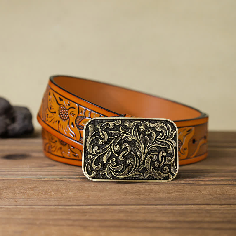 Men's DIY Art Leaves Scrollwork Buckle Leather Belt