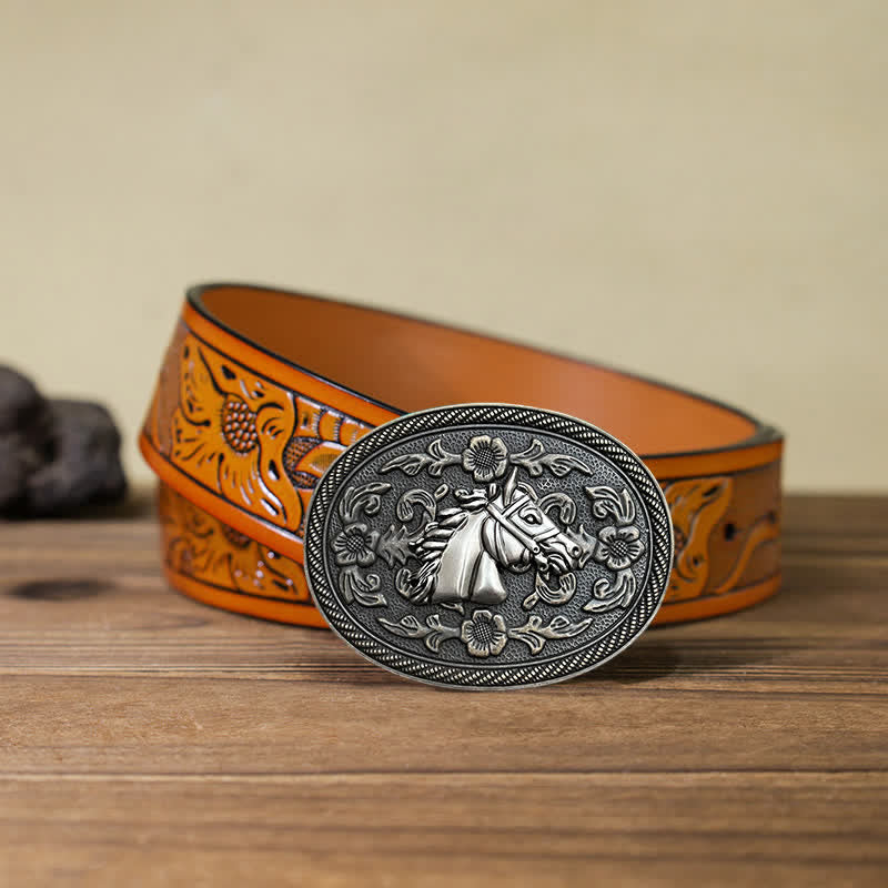 Men's DIY Western Horse Floral Buckle Leather Belt