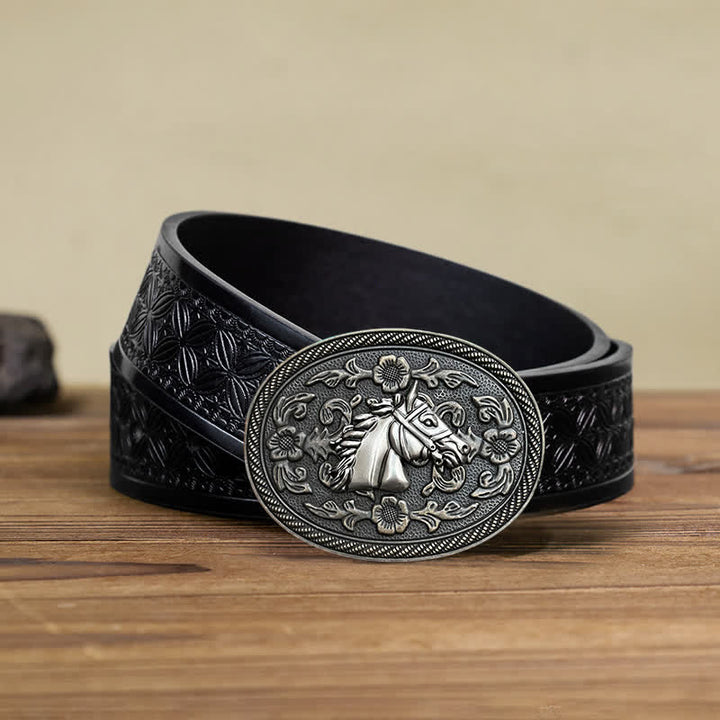 Men's DIY Western Horse Floral Buckle Leather Belt