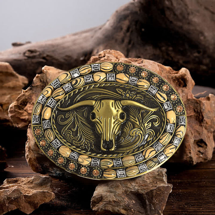 Men's DIY Gold Bull Head Beads Decor Buckle Leather Belt