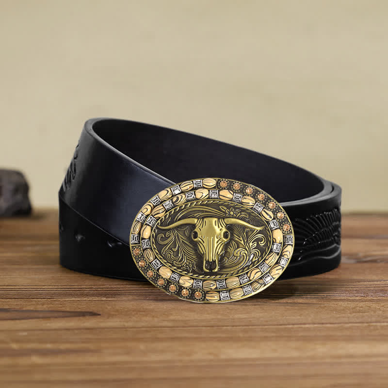 Men's DIY Gold Bull Head Beads Decor Buckle Leather Belt