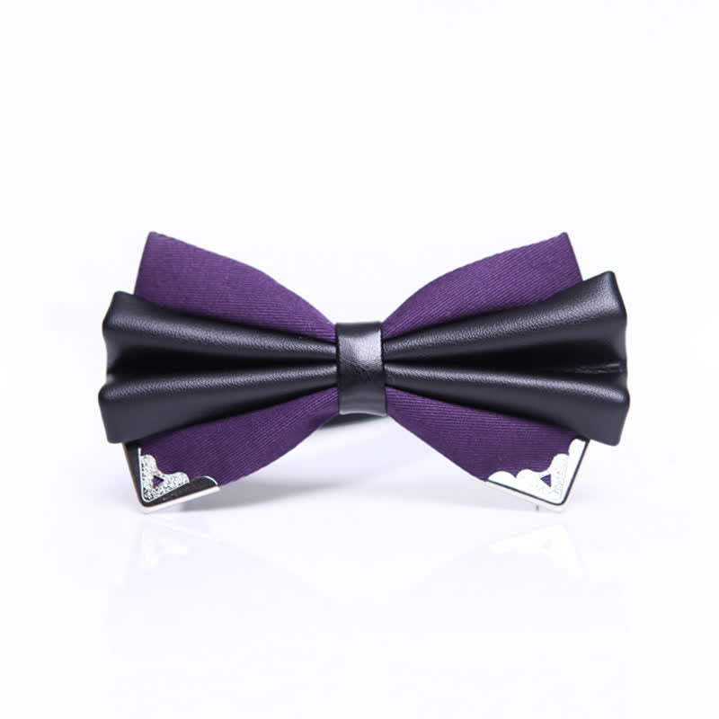 Men's Double Layer Faux Leather Golden Tipped Bow Tie