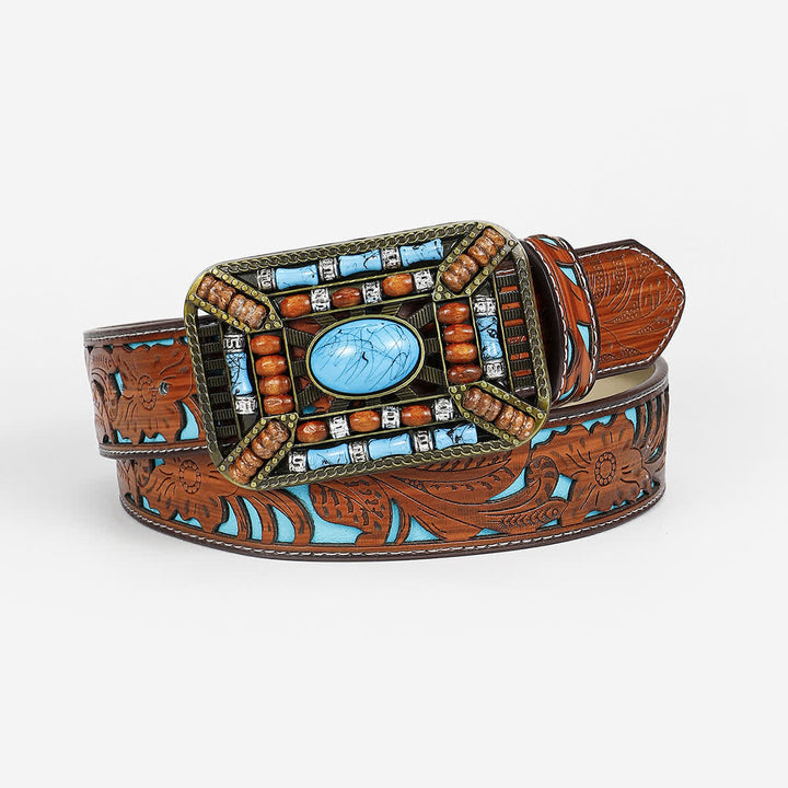 Women's Turquoise Wood Bead Buckle Engraved Leather Belt