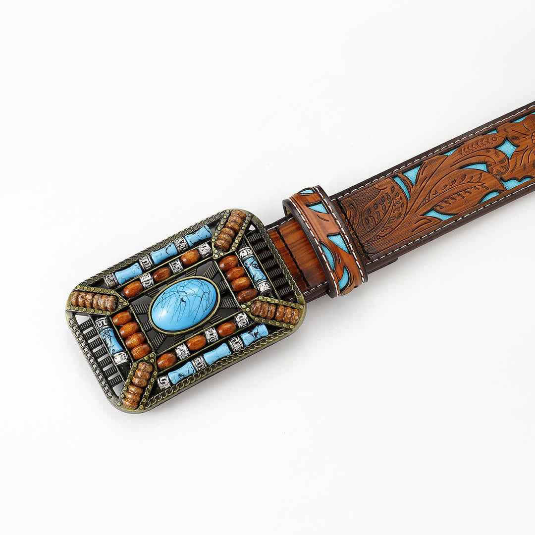 Women's Turquoise Wood Bead Buckle Engraved Leather Belt