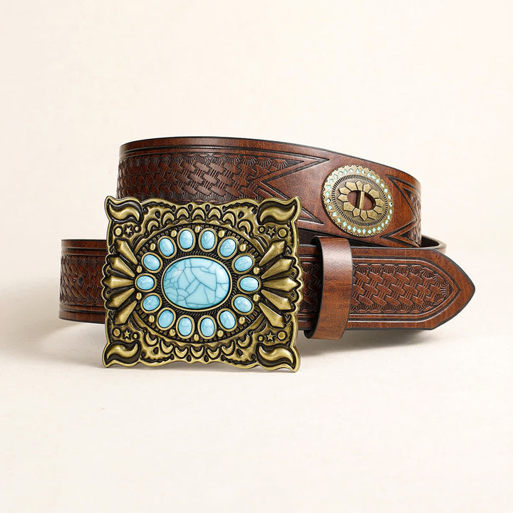 Women's Retro Western Square Turquoise Buckle Leather Belt