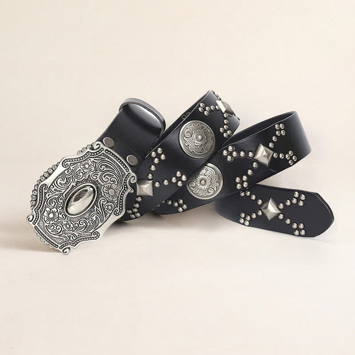 Men's Punk Floral Buckle Rivet Studded Leather Belt