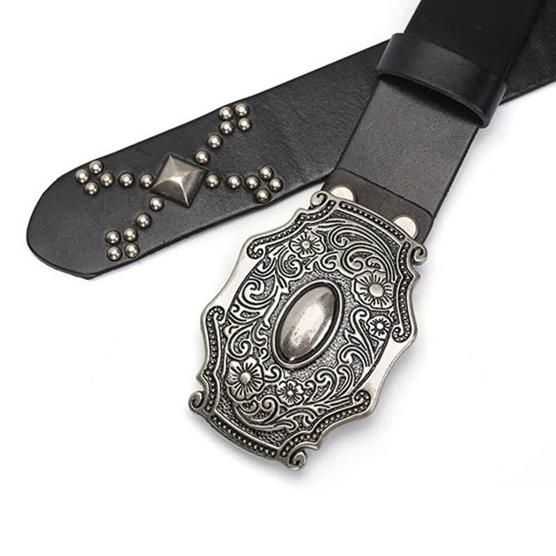 Men's Punk Floral Buckle Rivet Studded Leather Belt