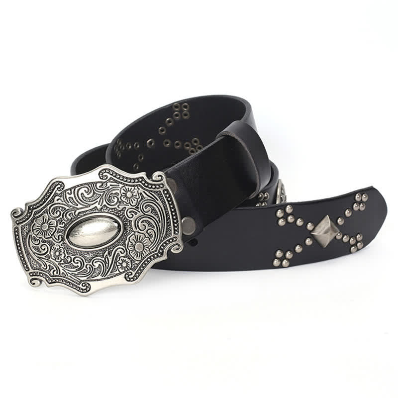 Men's Punk Floral Buckle Rivet Studded Leather Belt