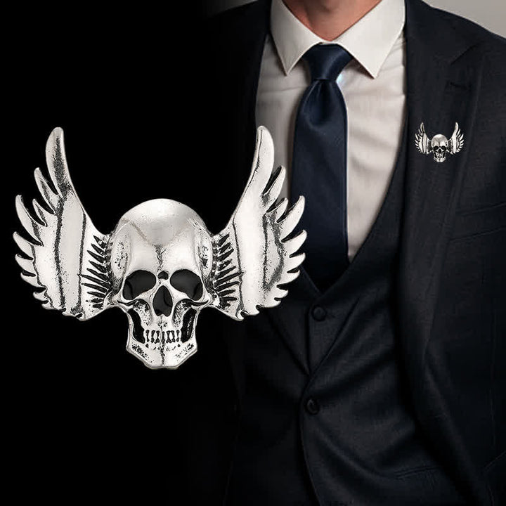 Men's Laughing Skull With Wings Brooch Pin