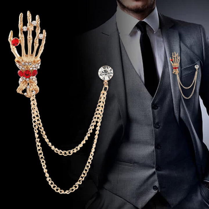 Men's Skeleton Finger Hand Rhinestone Brooch Pin