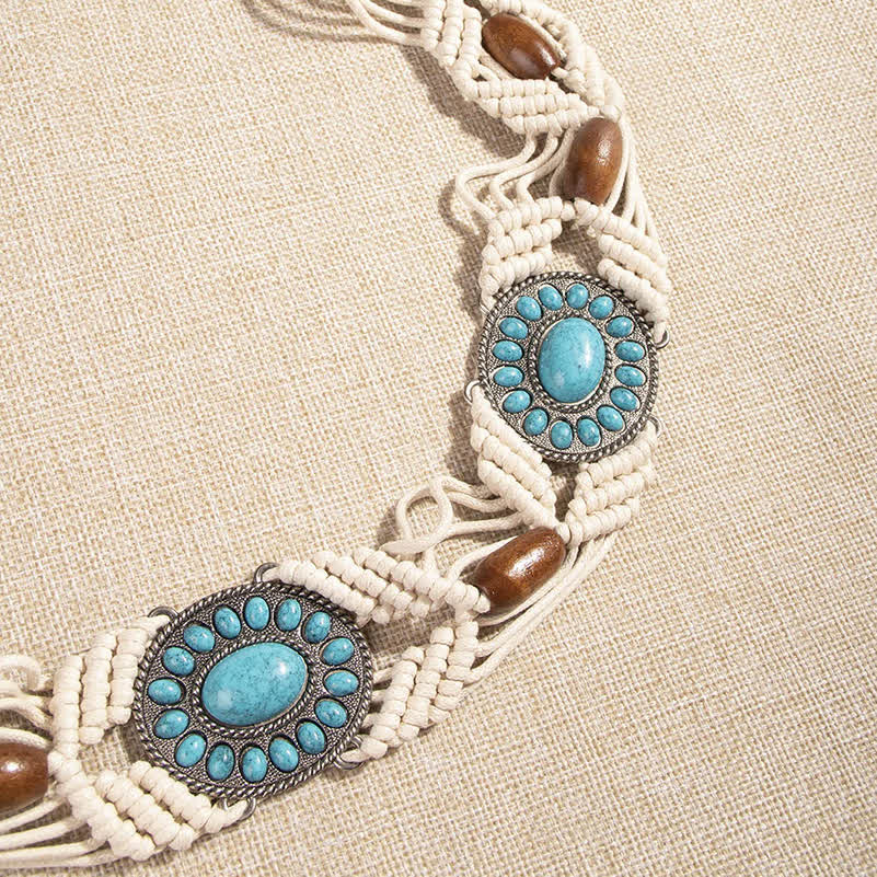 Women's Turquoise Inlaid Bohemian Braided Waist Rope Belt