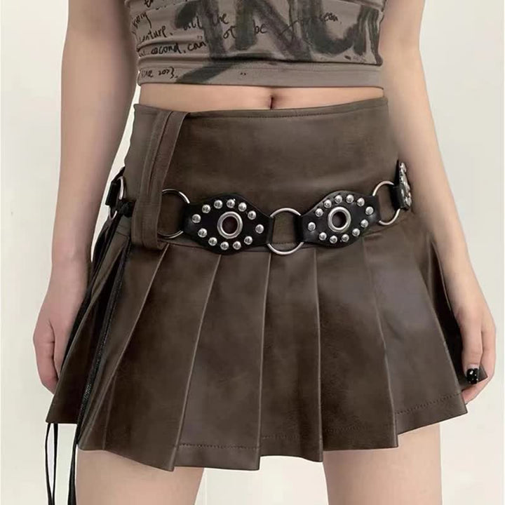 Women's Goth Leather Rivet Circular Ring Waist Rope Belt