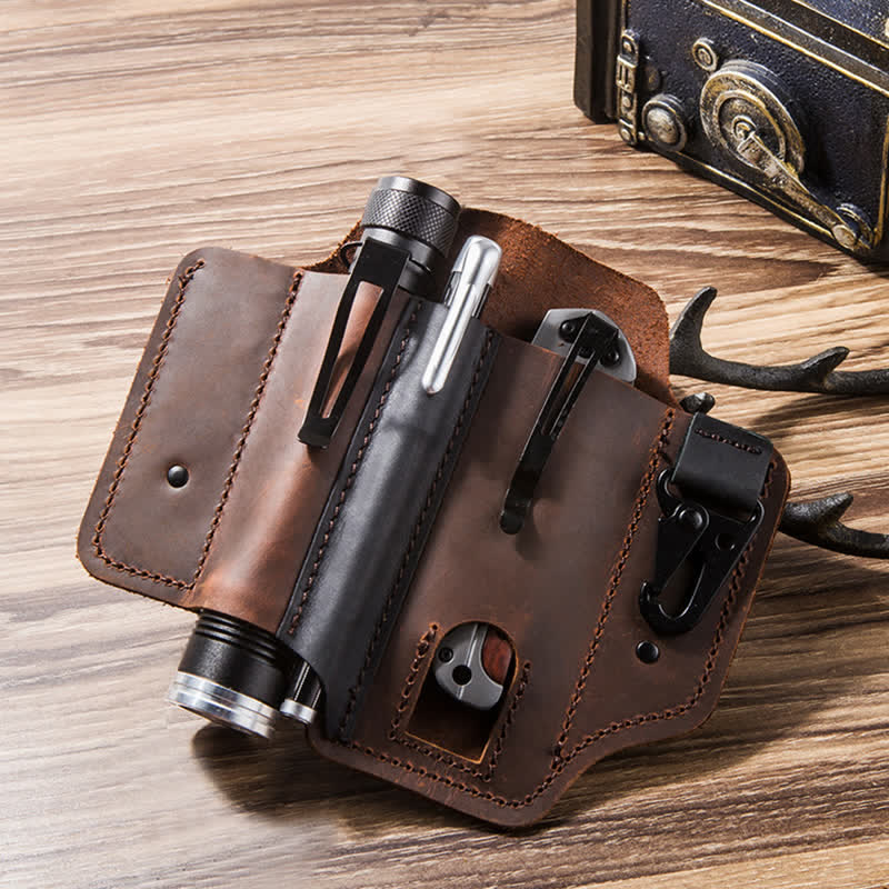 Portable Folding Knife Holster Camping Leather Belt Bag