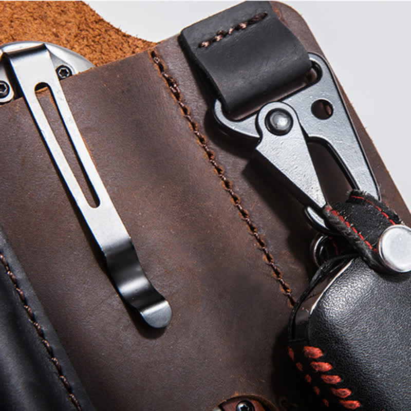 Portable Folding Knife Holster Camping Leather Belt Bag