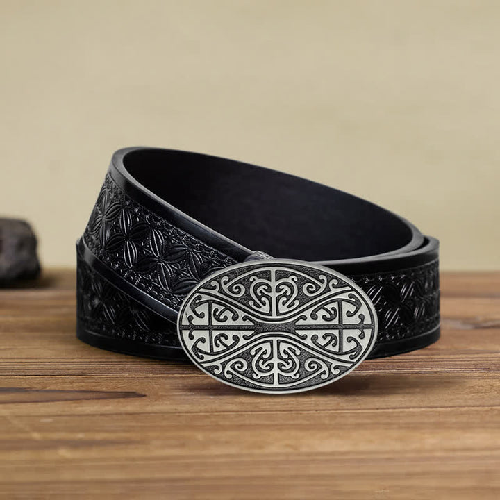 Men's DIY Celtic Cross Pattern Buckle Leather Belt