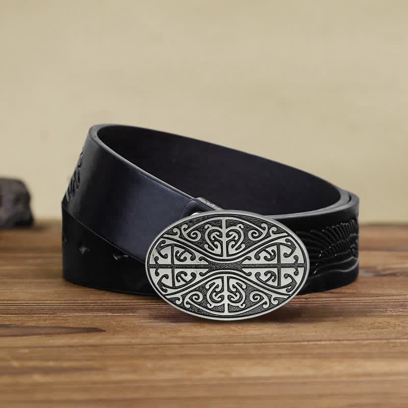 Men's DIY Celtic Cross Pattern Buckle Leather Belt