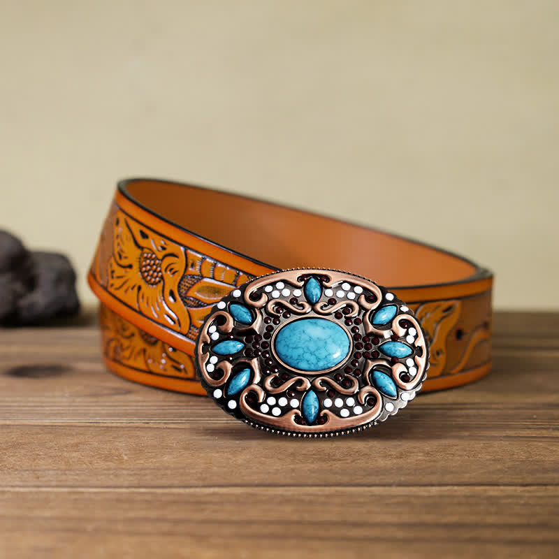 Men's DIY Turquoise Mixed Stones Buckle Leather Belt