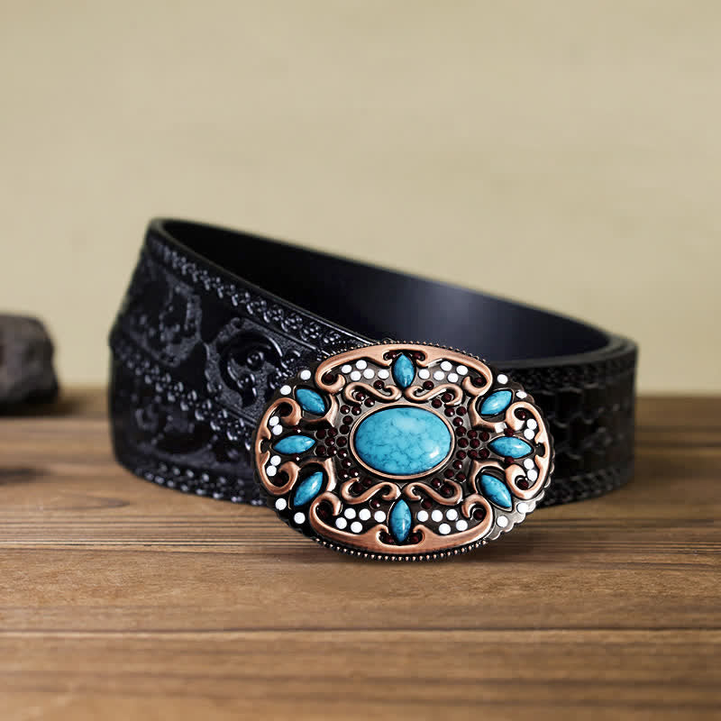 Men's DIY Turquoise Mixed Stones Buckle Leather Belt