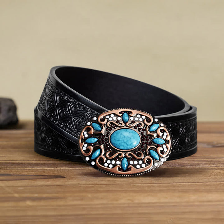 Men's DIY Turquoise Mixed Stones Buckle Leather Belt