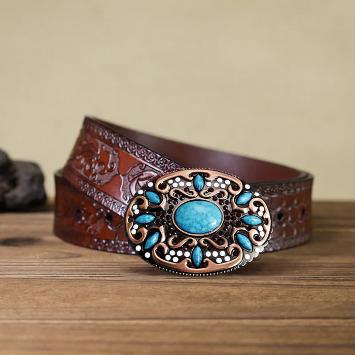 Men's DIY Turquoise Mixed Stones Buckle Leather Belt