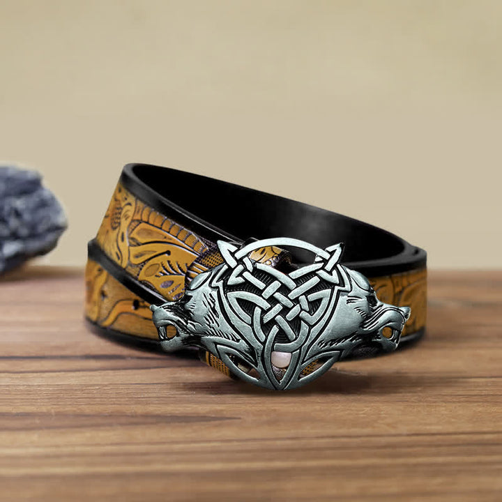 Men's DIY Wolf Head Celtic Knot Buckle Leather Belt