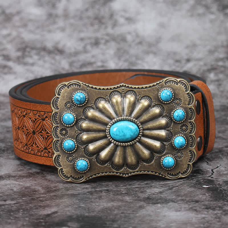 Men's Western Turquoise Stone Embellishment Leather Belt